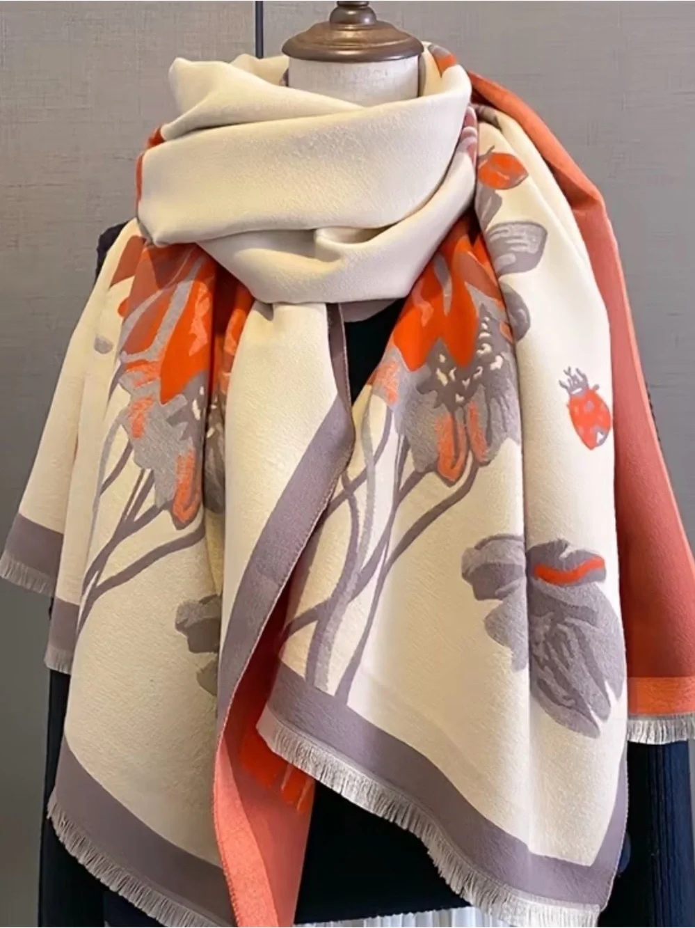 Luxury Floral Print cashmere wool blend Women's Scarf in Cream and Coral